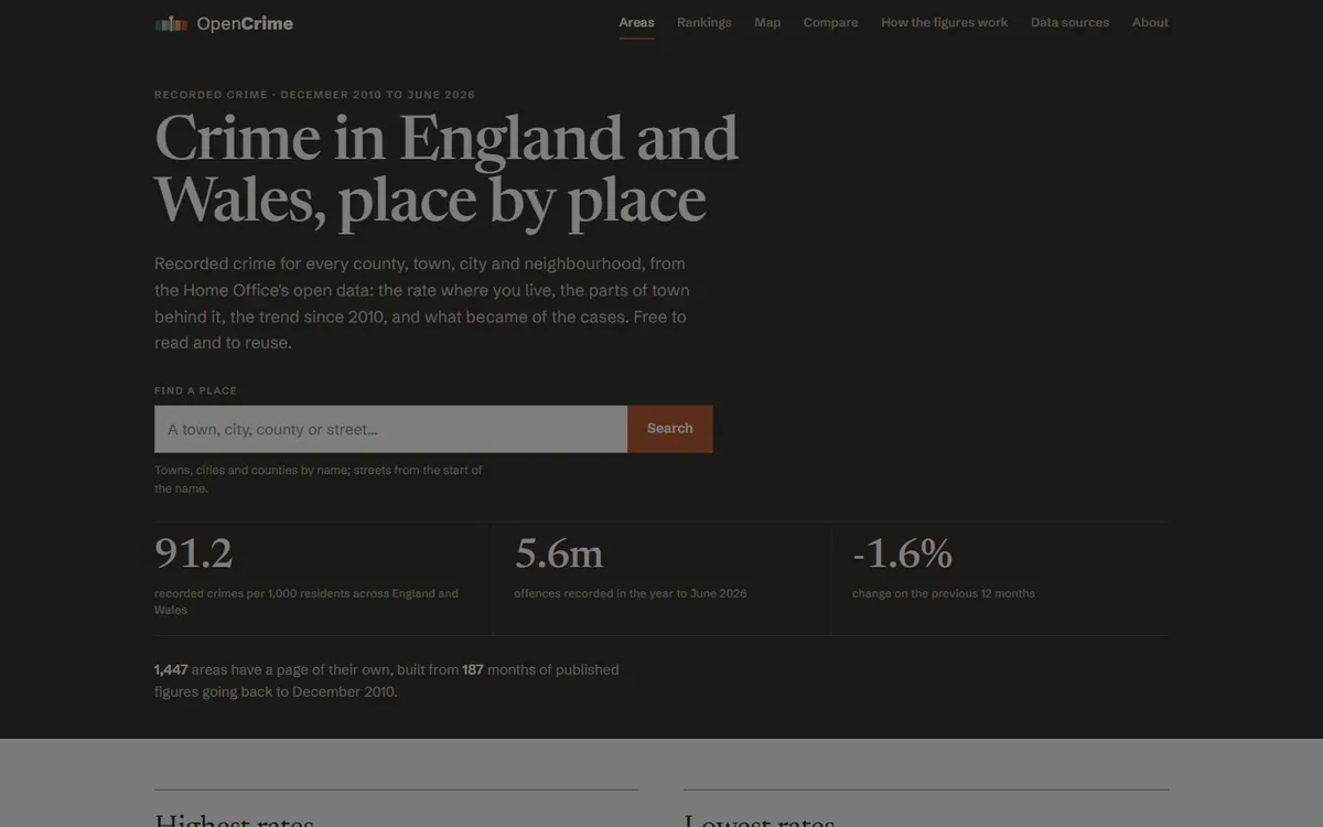 The OpenCrime homepage (opencrime.co.uk)