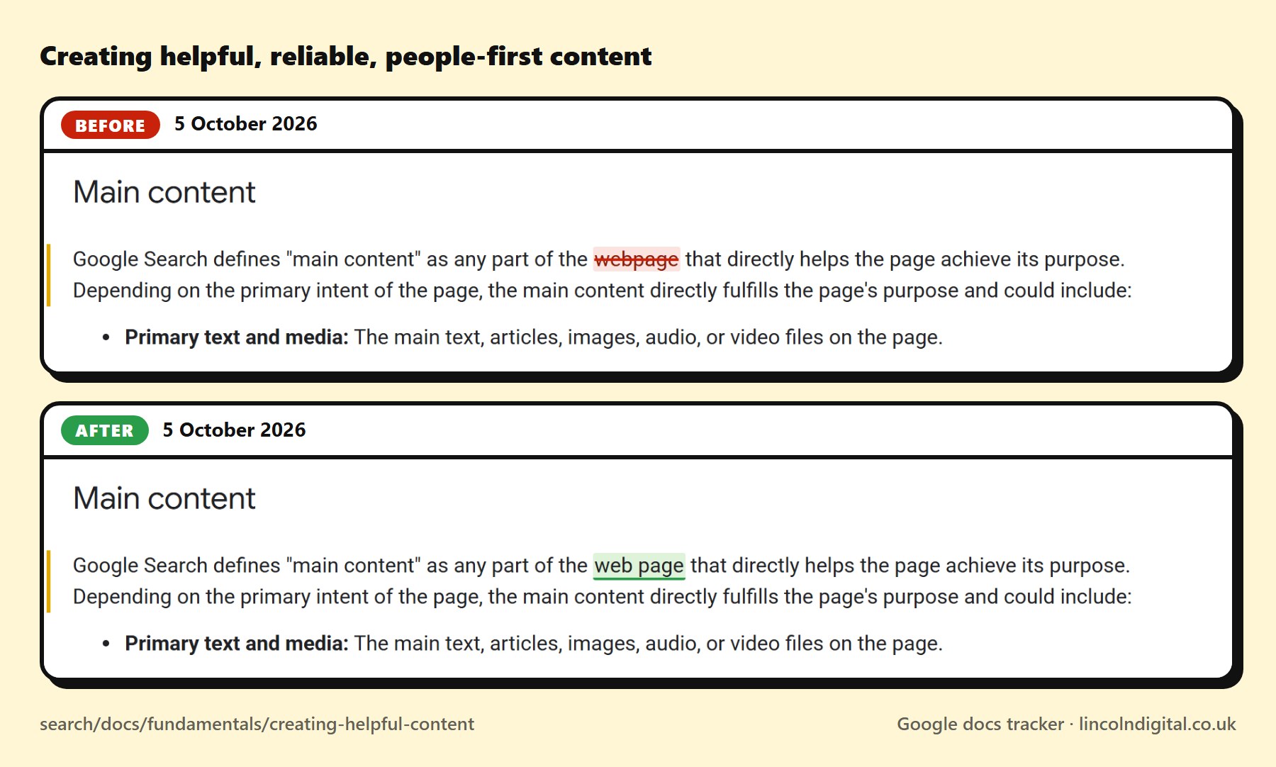 Before and after on Google's "Creating helpful, reliable, people-first content" page