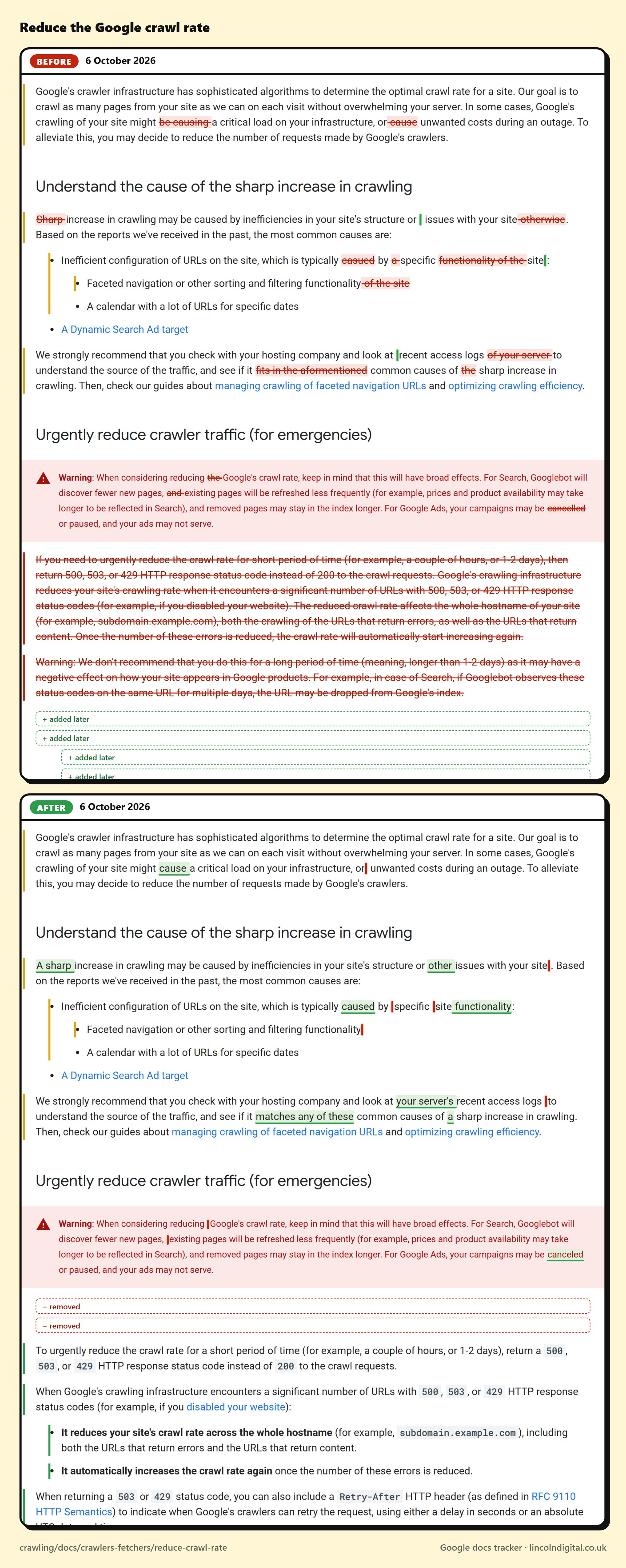 Before and after on Google's "Reduce the Google crawl rate" page