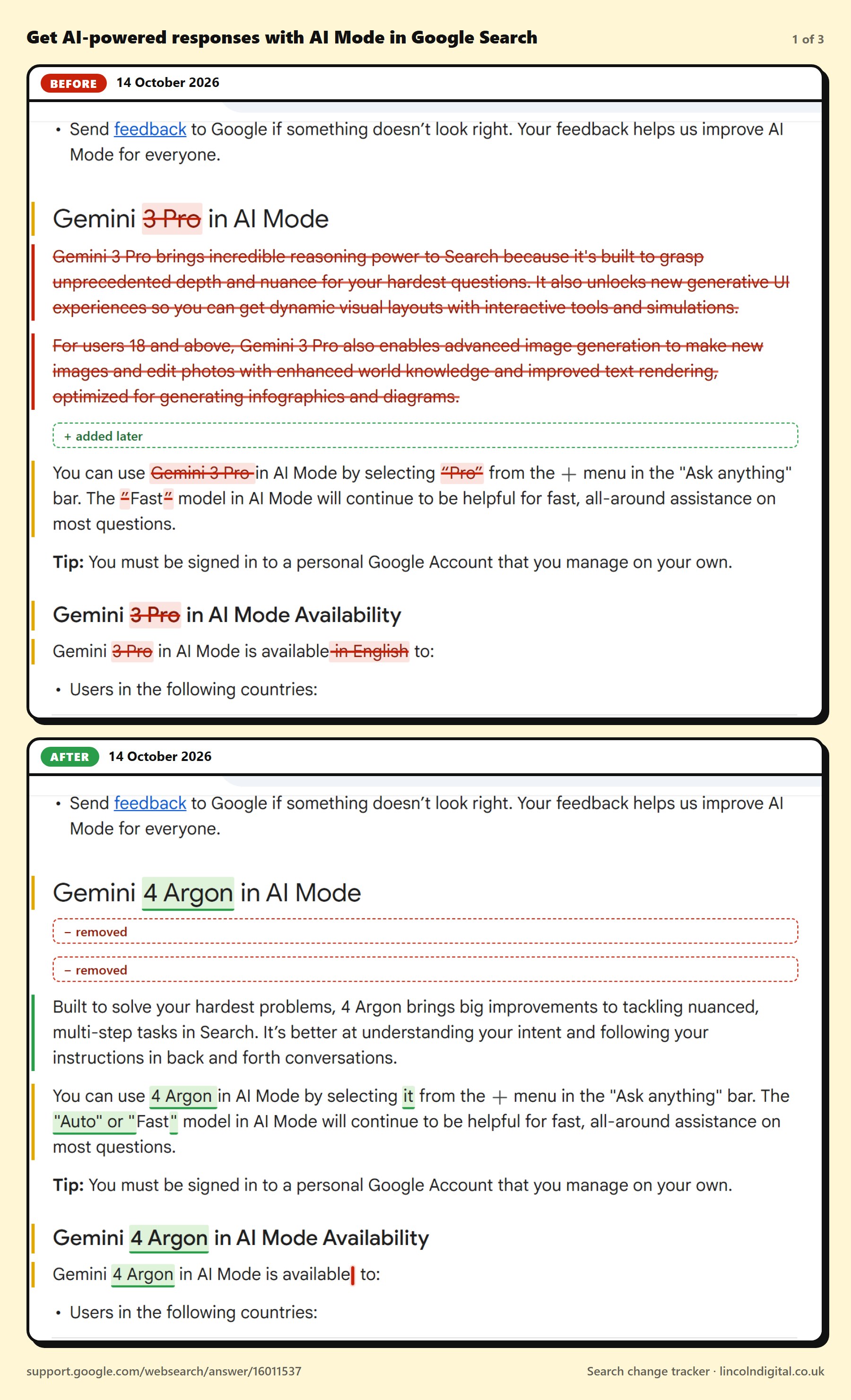 Before and after on Google's "Get AI-powered responses with AI Mode in Google Search" page